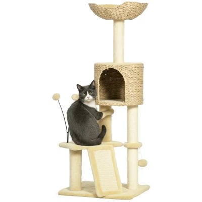 Image of PawHut 116cm Cat Tree for Indoor Cats, Tower with Scratching Posts, Ramp, House, Toy Balls, Platforms, Bed, Ramp Beige