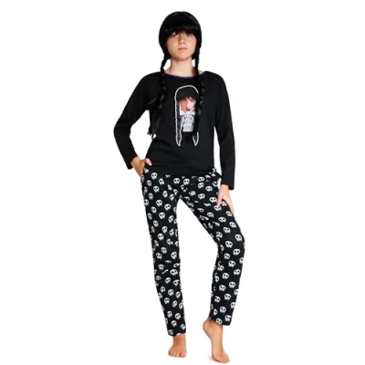 Image of Wednesday Girls Pyjamas Nightwear Long Sleeve &amp; Bottoms PJs Lounge Set for and Teenagers 7 16 Years Gifts (Black/Wednesday, 15 Years)