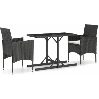 Image of vidaXL 3 Piece Garden Dining Set Poly Rattan and Tempered Glass Black