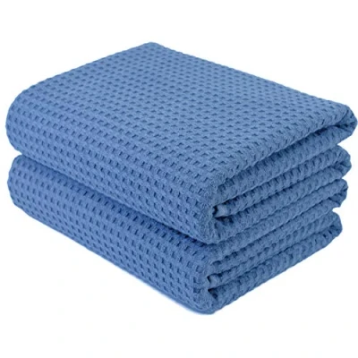 Image of POLYTE Microfibre Oversize Quick Dry Lint Free Bath Towel, 76 x 152 cm, Set of 2 (Blue, Waffle Weave)
