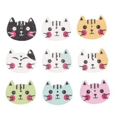Image of Qusedwey 100pcs Animal Cat Wooden Button Sewing Scrapbooking DIY Craft Colorful 2 Holes