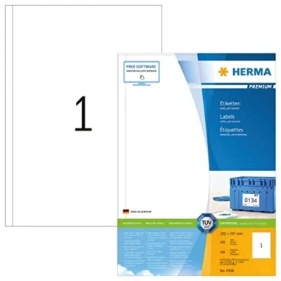 Image of HERMA Self Adhesive Multipurpose Labels, 1 Label per A4 Sheet, 100 Sheets, 200 x 297 mm, Blank Universal Labels Stickers, Sticky for Laser &amp; Inkjet Printer, White
