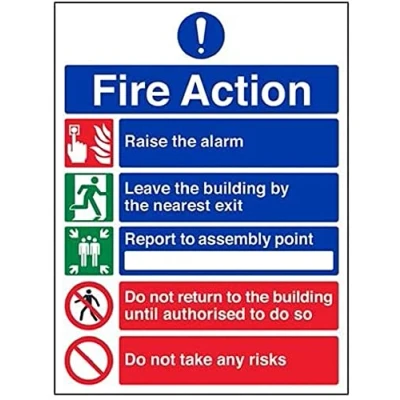 Image of V Safety General Fire Action 5 Message Risks Sign Portrait 300mm x 400mm 1mm Rigid Plastic