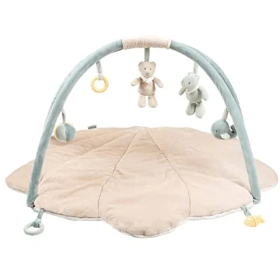 Image of Nattou 20 Activity Thick Padded Playmat with Arches, Detachable Toys, Machine Washable, Space Saving Storage, PETA Approved, Vegan, Crocodile Romeo, Bear Jules, Whale Sally Collection, Beige, 90x80 cm