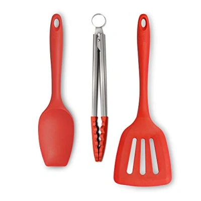 Image of Zeal JSET27R Non Stick Silicone Spatula Spoon, Cooking Tongs &amp; Turner 3 Piece Set Red, Large