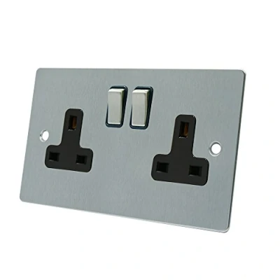 Image of AET FSC2GSOCBS Satin Chrome Flat Black Insert Metal Rocker Switches 13 Amp Double 2 Gang Plug Socket, 240 V
