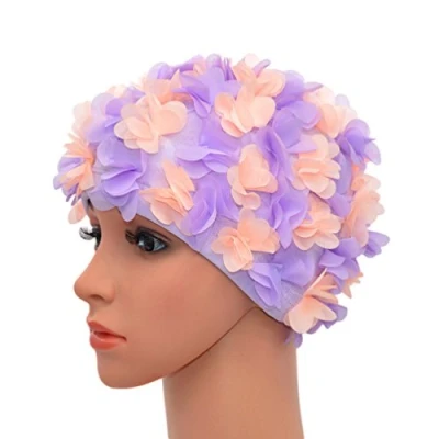 Image of Medifier Lace Vintage Swim cap Floral Petal Retro Style Bathing Caps for Women (Purple and light pink)