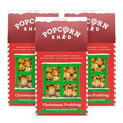 Image of Popcorn Shed 3 x Santa&#039;s Gourmet Sheds, Christmas Pudding Flavoured 80g, Gift, Pack of 3, Red, Snack