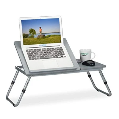 Image of Relaxdays height adjustable laptop tray, foldable, tilting top, bed desk, couch knee table, multipurpose, MDF, grey, Fibreboard, 1 item