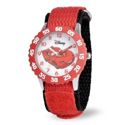 Image of Disney Kids&#039; W001003 &quot;Time Teacher&quot; Cars Lightning McQueen Stainless Steel Watch with Red Nylon Strap