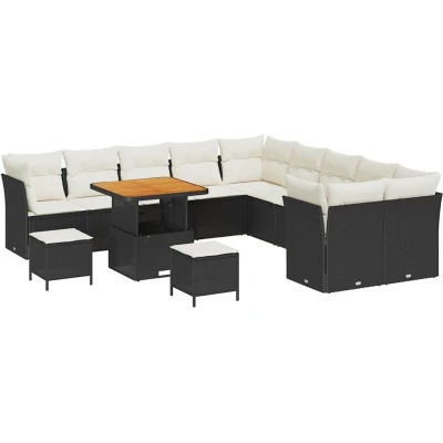 Image of vidaXL 13 Piece Garden Sofa Set with Cushions Black Poly Rattan Acacia