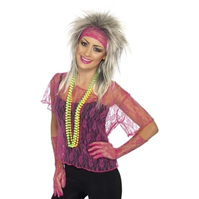 Image of Smiffys Lace Net Vest, Gloves &amp; Headband, Neon Pink , 1980&#039;s Fancy Dress, 1980s Dress Up Accessories