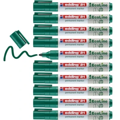 Image of edding 21 Ecoline permanent marker green box of 10 round tip 1.5 3 mm waterproof, quick drying, smear proof pens for cardboard, plastic, glass, wood, metal and fabric refillable