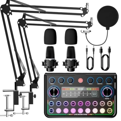 Image of SINWE Podcast Equipment Bundle for 2,Audio Interface with Microphone Smartphone &amp; PC,All in One DJ Mixer,Plug and Play,Perfect Streaming, Singing, YouTube Gaming