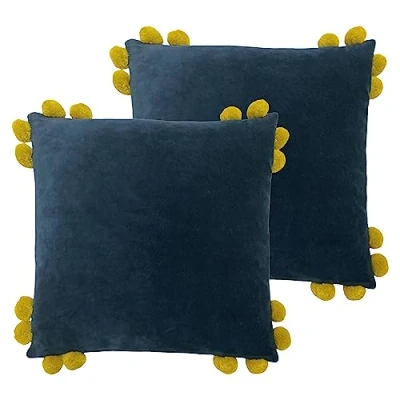Image of Furn. Hoola Pom Feather Filled Cushion Twin Pack, Navy/Olive, 45 x 45cm