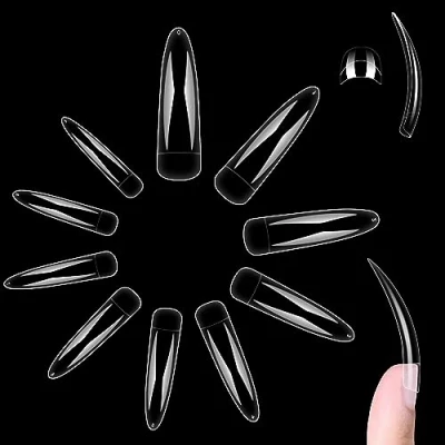 Image of NOVO OVO 500 pcs Extra Long Curved Stiletto Nail Tips, XXL 2XL Sharp False Nails Extension for Acrylic, Clear Hawk Curve Eagle Claw Half Cover Gel x 10 Sizes Bag Packaging Salon