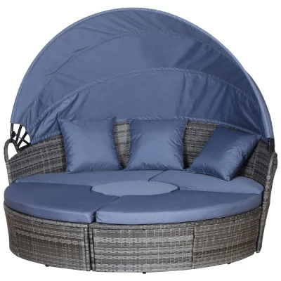 Image of Outsunny PE Rattan Lounge Set, 5 Pieces Patio Conversation Furniture Garden Round Sofa Bed with Cushion and Retractable Canopy, Grey