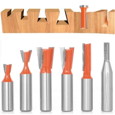 Image of Akylin 6PCS Dovetail Router Bit 1/2 Inch Shank + TCT Straight Bit, Half Blind &amp; Through for Making Drawers, Chests
