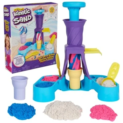 Image of Kinetic Sand, Soft Serve Station with 396g of Play Sand (Blue, Pink and White), 2 Ice Cream Cones Tools, Sensory Toys for Kids Aged 5 up