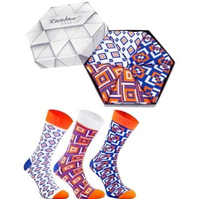 Image of Rainbow Socks Women Man Geometric Box Gift 3 Pairs Orange Blue White Size 4 7