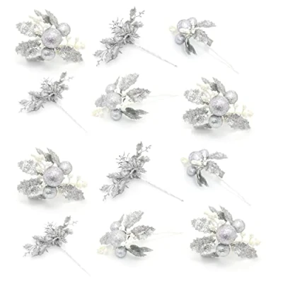 Image of 12 Piece Silver Glitter Christmas Flower Spray Pick Artificial Holly Stems Decoration Xmas Floral