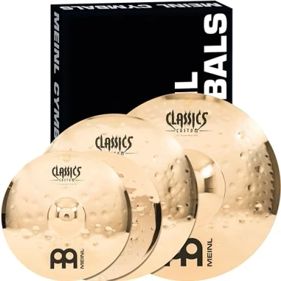 Image of Meinl Cymbals Classics Custom Extreme Metal cymbal Set Box Pack (Video) with 14 inch Hihat, 18 Crash, 20 Ride for Drum Kit (35,56 50,80cm) B12 Bronze, Brilliant Finish (CC EM480)