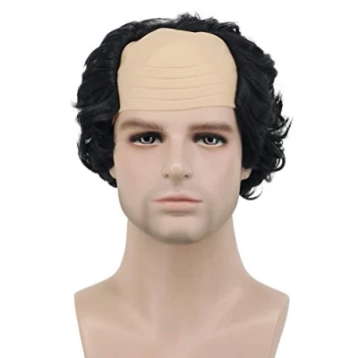 Image of Karlery Short Curly Fits Old Man Bald Cap Mad Scientist Halloween Cosplay Wig Anime Costume Party (Black)