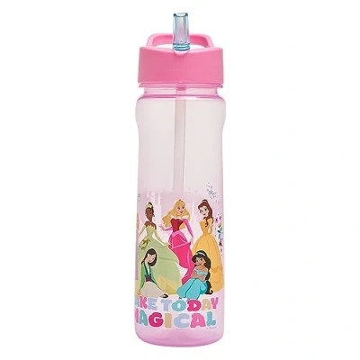 Image of Disney Princess Rainbow Water Bottle with Straw Reusable Kids 600ml PP Pink Official Merchandise by Polar Gear BPA Free and Recyclable Plastic For School Nursery Sports Picnic