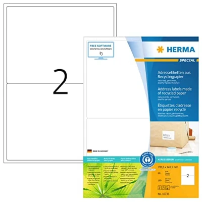 Image of HERMA Self Adhesive Recycling Labels, 2 Labels per A4 Sheet, 80 Sheets, 199.6 x 143.5 mm, 160 100% Recycled Paper Stickers, Sticky for Laser &amp; Inkjet Printer, Natural White