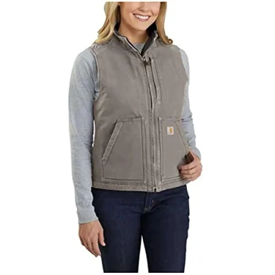 Image of Carhartt Women&#039;s Relaxed Fit Washed Duck Sherpa Lined Mock Neck Vest, Taupe Grey, XS
