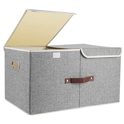 Image of TYEERS Extra Large Storage Box with Lids and Compartments, Collapsible, Washable, Fabric Lid for Clothes, Wardrobe Storage, 55x33x30 cm, Set of 1, Grey