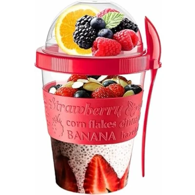 Image of VL Yogurt Pots Spoon Reusable 600ML Overnight Oats Muesli Cup with Lid BPA free Breakfast Cereal To Go Dishwasher Safe Snack Lunch Oatmeal Jars Travel Meal Food Container 20 oz (Red)
