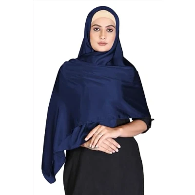 Image of London Scarfs Satin Silk Shawls Muslim Solid Color Hijab Crinkled Scarf Women&#039;s Wraps Turban (Navy)