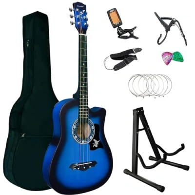 Image of Crystals Acoustic Guitar Full Package Pack with Accessories 4/4 Size 38&quot; Classic 6 Strings (Blue + Stand)