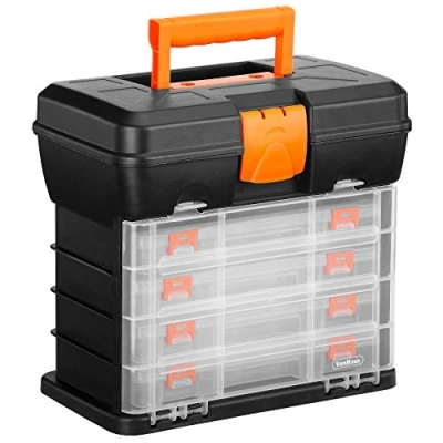Image of VonHaus Multi purpose Fishing Tackle Storage Box, Crafts or Tool Organizer 4 Removable Trays &amp; Adjustable Dividers (10.9 x 10.1 6.9 inches Black/Orange