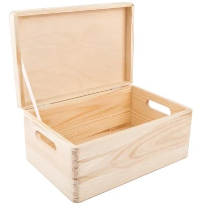 Image of Creative Deco Large Plain Wooden Storage Box 30 x 20 14 cm (+/ 1 cm) Hinged Lid &amp; Handles Unpainted Gift for Christmas Xmas Kitchen UNSANDED Wood Keepsake Memory Craft Chest