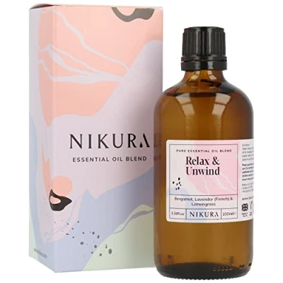 Image of Nikura Relax &amp; Unwind Essential Oil Blend 100ml Made from Bergamot, Lavender, Lemongrass for Relaxation, Aromatherapy, Diffusers, Soap Making, Candle Making Vegan UK