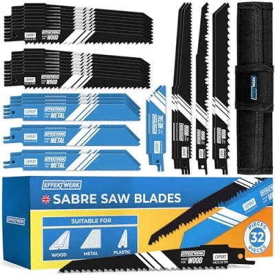 Image of Effektwerk Reciprocating Saw Blades (32 Pieces) w/Storage Case, Carbide Steel Replacement Blade Set for Tree Pruning, HCS &amp; Bi Metal Sabre Saws Wood, Plastic