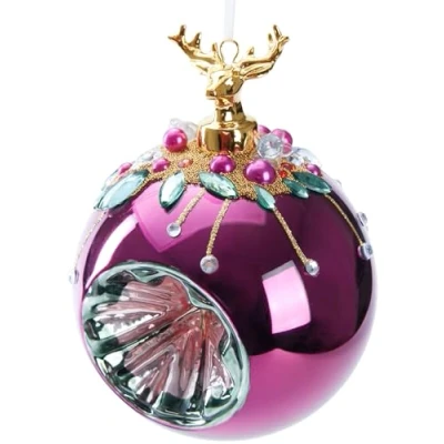 Image of BRUBAKER Premium Christmas Bauble Red with Deer Figure 3.9 inches (10 cm) Tree Ornament Bead Decorations Hand Decorated Glass Decoration