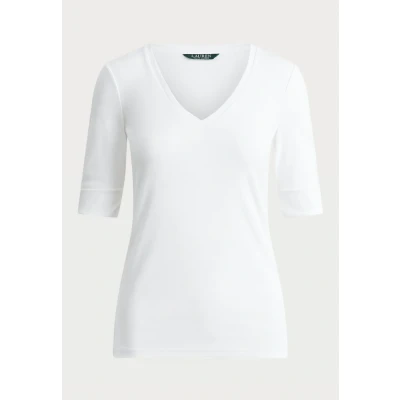 Image of Lauren Ralph Stretch Cotton Elbow Sleeve V NECK TEE Basic Tshirt, Women&#039;s, Size: XS, White