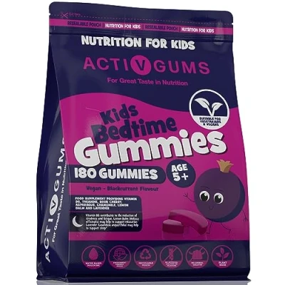 Image of Kid&#039;s Bedtime 180 Vegan Gummies. Blackcurrant Flavour. Resealable &amp; Recyclable Pouch for Sleep Rest. Contains Vitamin B6, Montmorency Cherry, Chamomile. Suitable Ages 5+. Melatonin 5HTP Free.