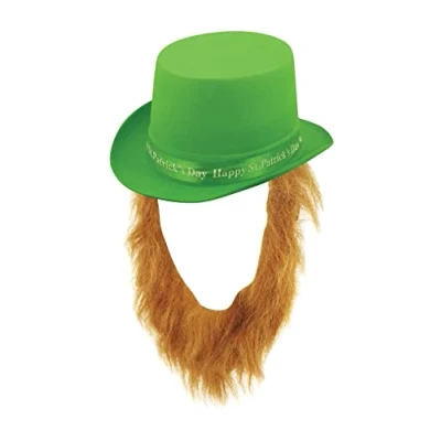 Image of Henbrandt Adult Green Leprechaun Top Hat with Ginger Beard St Patrick&#039;s Day Accessories One Size Irish Fancy Dress Costume Accessory