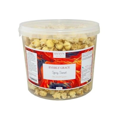 Image of Everly Grace Popcorn Spicy Sunset, 250 g bucket with BBQ seasoning and a chili kick from our manufactory in Augsburg, Germany