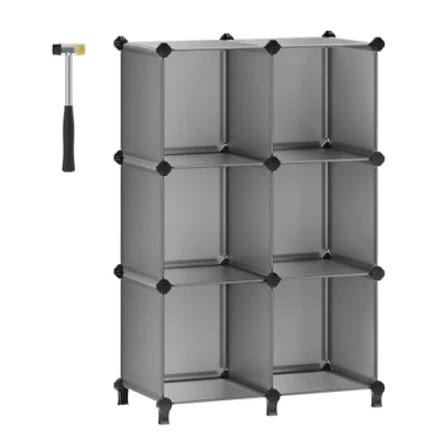 Image of SONGMICS 6 Cube Storage Unit, Modular Plastic Organiser with Feet, Shoe Rack, Each 30 x cm, Living Room, Bedroom, Study, Rubber Mallet, Grey LPC06G