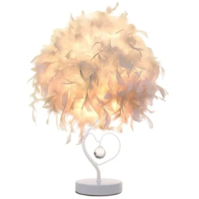 Image of Feather Bedside Lamp with Crystal in Heart Shape, Lampshade Table Light Desk for Living Room, Bedroom, Dining Room