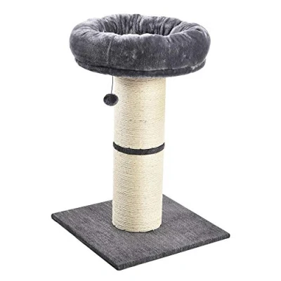 Image of AllPetSolutions Cat Scratching Post Thick Indoor Scratch Tower with Hanging Ball Toy &amp; Bed Pet Furniture Soft Bedding Natural Sisal Rope Jumbo Post, Grey 49x49x74cm