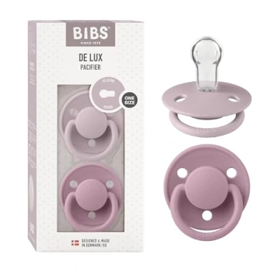 Image of BIBS De Lux Soother 2 Pack, BPA Free Dummy Pacifier, Round Nipple. Silicone, OneSize (0 36 Months), Dusky Lilac/Heather