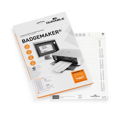 Image of Durable 146102 Badgemaker, PrinTable Name Badge Insert Sheets, White, 17 x 67 mm 200 Inserts