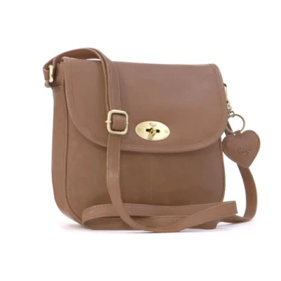 Image of Gigi Women&#039;s Leather Saddle Bag Medium Crossbody Handbag With Long Adjustable Shoulder Strap Heart Keyring Charm OTHELLO 8755 Brown