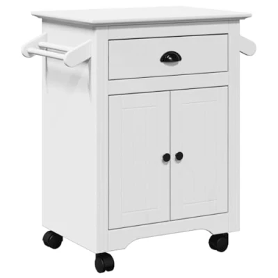 Image of vidaXL BODO White Kitchen Trolley/Serving Cart Solid Pinewood &amp; Engineered Wood, 72x45x80 cm, Storage Organizer with Wheels Metal Handles for Dining Room